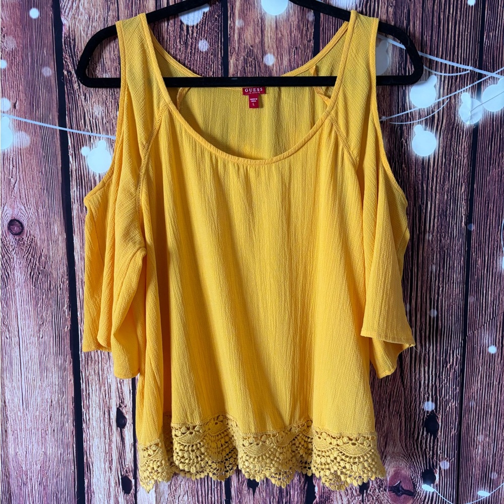 Guess Yellow Crochet Hem Cold Shoulder Blouse